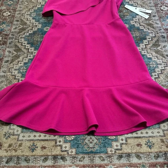 NWT AQUA• Pink Scuba Ruffled One-Shoulder Flounce Sheath Dress XS NEW $88 - Picture 6 of 9